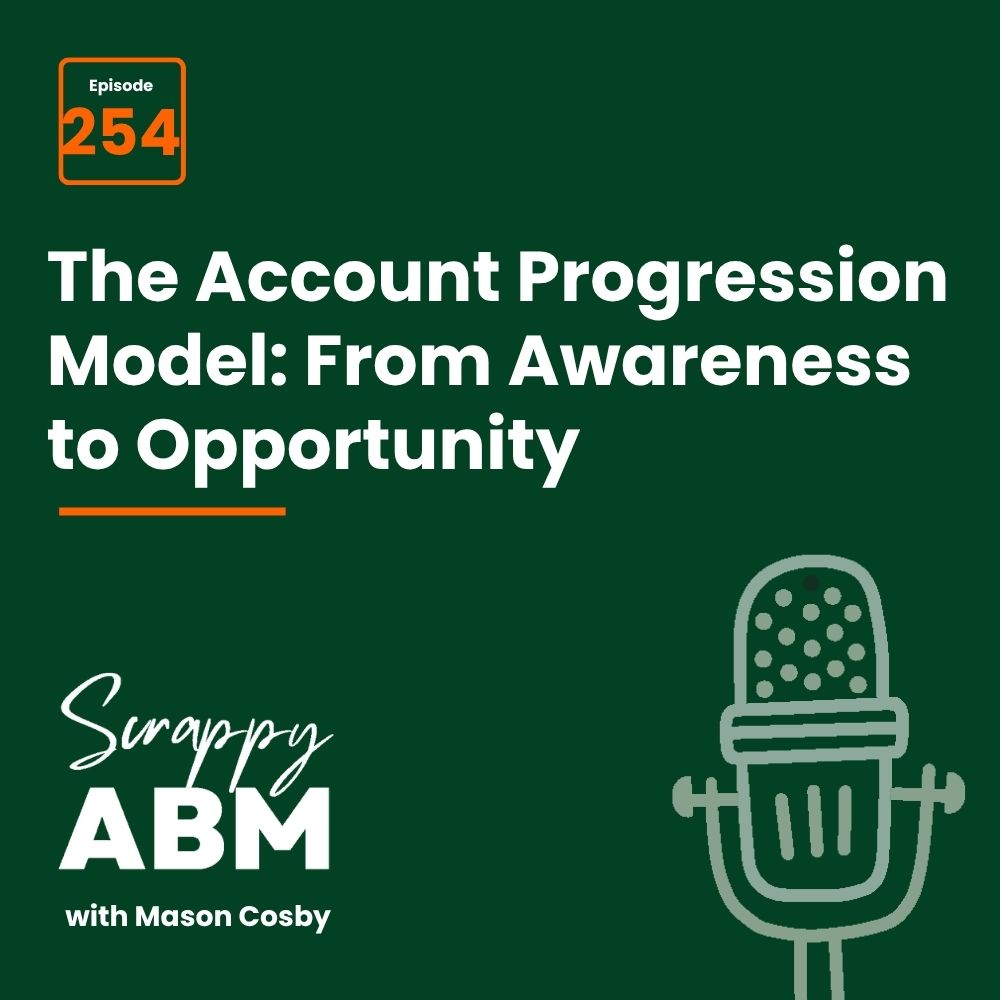 Travis Hall Podcast cover with text: Episode 254. The Account Progression Model: From Awareness to Opportunity. Scrappy ABM with Mason Cosby. Green background with a simple line drawing of a microphone.