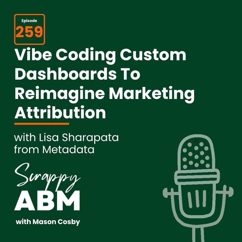 Travis Hall Podcast episode graphic: Episode 259: Vibe Coding Custom Dashboards To Reimagine Marketing Attribution with Lisa Sharapata from Metadata. Includes a microphone illustration and Scrappy ABM with Mason Cosby on a dark green background.
