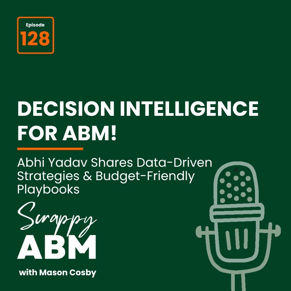 Travis Hall Podcast promo graphic. Text: Episode 128. Decision Intelligence for ABM! Abhi Yadav Shares Data-Driven Strategies & Budget-Friendly Playbooks. Scrappy ABM with Mason Cosby. Illustration of a microphone on a green background.