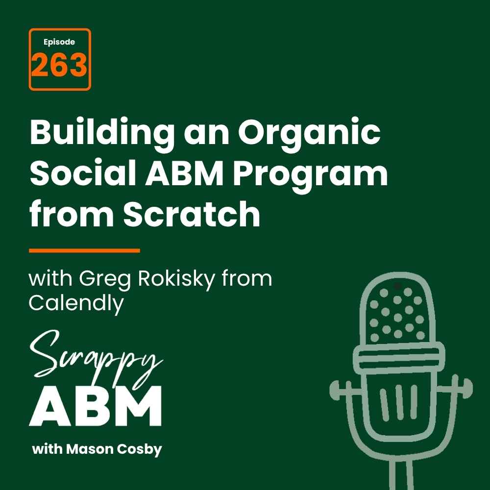 Travis Hall Podcast episode promo: Building an Organic Social ABM Program from Scratch with Greg Rokisky from Calendly, hosted by Mason Cosby. Episode 263 of Scrappy ABM. Green background with a microphone graphic.