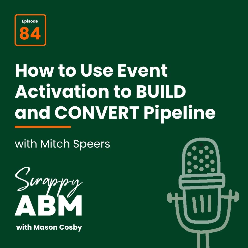 Episode 2 - The Art of the Scrappy ABM - How to Achieve Big Results Without Big Ad Spend Podcast cover: Episode 84: How to Use Event Activation to Build and Convert Pipeline with Mitch Speers. Includes a large microphone icon and Scrappy ABM with Mason Cosby on a dark green background.