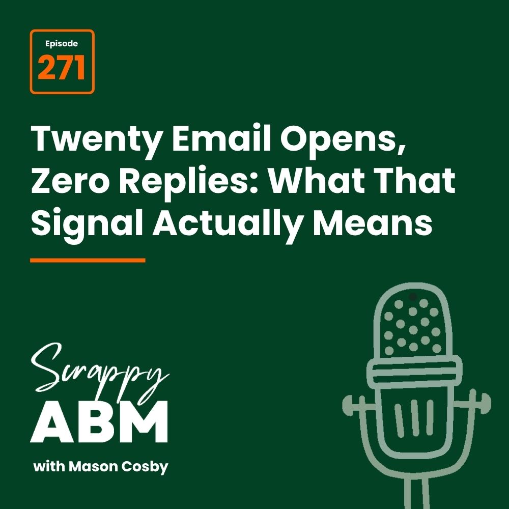 Travis Hall Podcast Episode 271 graphic: Twenty Email Opens, Zero Replies: What That Signal Actually Means. Includes a microphone icon and Scrappy ABM with Mason Cosby on a dark green background.