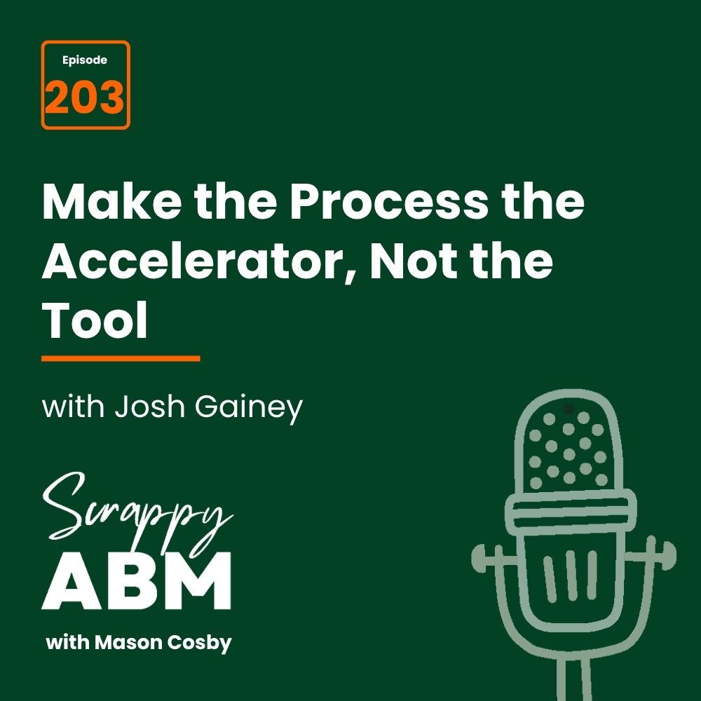 Travis Hall Podcast episode 203 titled Make the Process the Accelerator, Not the Tool with Josh Gainey. Scrappy ABM with Mason Cosby is displayed, along with a microphone illustration on a dark green background.