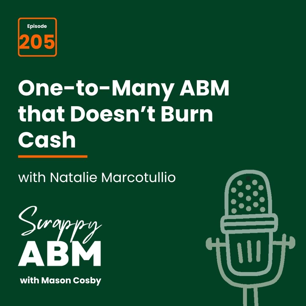 Travis Hall Podcast episode 205 cover: One-to-Many ABM that Doesnt Burn Cash with Natalie Marcotullio, Scrappy ABM with Mason Cosby. Green background with a microphone graphic.