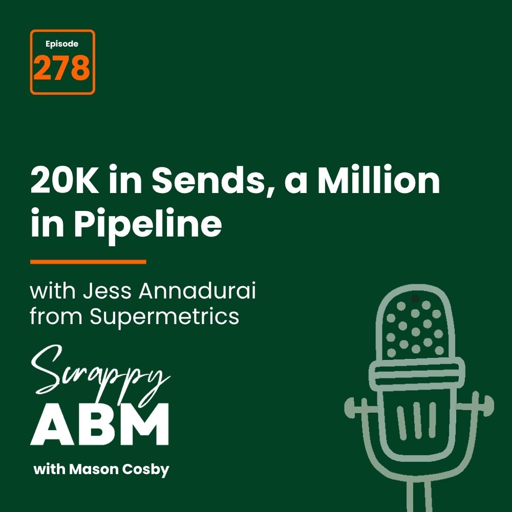 Podcast episode 278 cover: 20K in Sends, a Million in Pipeline with Jess Annadurai from Supermetrics; Scrappy ABM with Mason Cosby; microphone icon on green background.