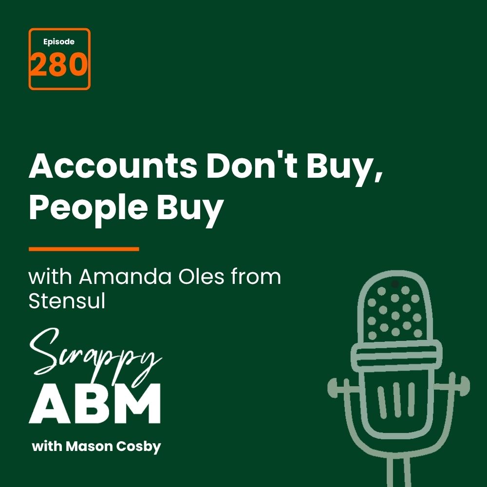 Episode 2 - The Art of the Scrappy ABM - How to Achieve Big Results Without Big Ad Spend Podcast cover for Scrappy ABM with Mason Cosby, episode 280, featuring Amanda Oles from Stensul. Title reads, Accounts Dont Buy, People Buy. Microphone graphic on a green background.