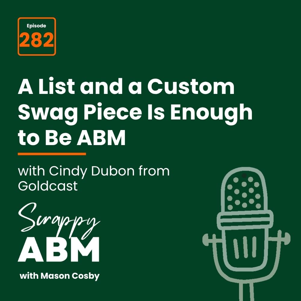 Episode 2 - The Art of the Scrappy ABM - How to Achieve Big Results Without Big Ad Spend Podcast promo image for Scrappy ABM episode 282: A List and a Custom Swag Piece Is Enough to Be ABM, featuring Cindy Dubon from Goldcast. Includes a microphone illustration on a dark green background.