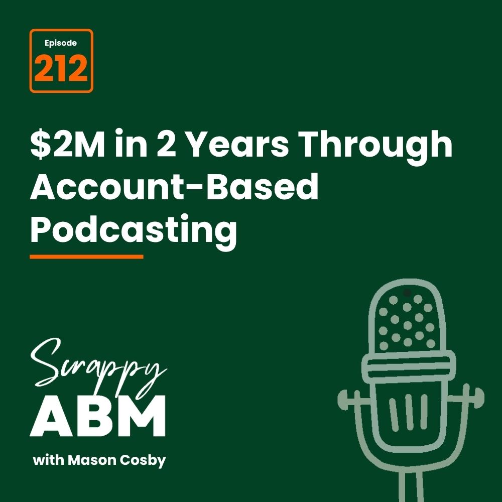 Dark green graphic with Episode 212, text reading $2M in 2 Years Through Account-Based Podcasting, and a microphone icon. At the bottom: Scrappy ABM with Mason Cosby..