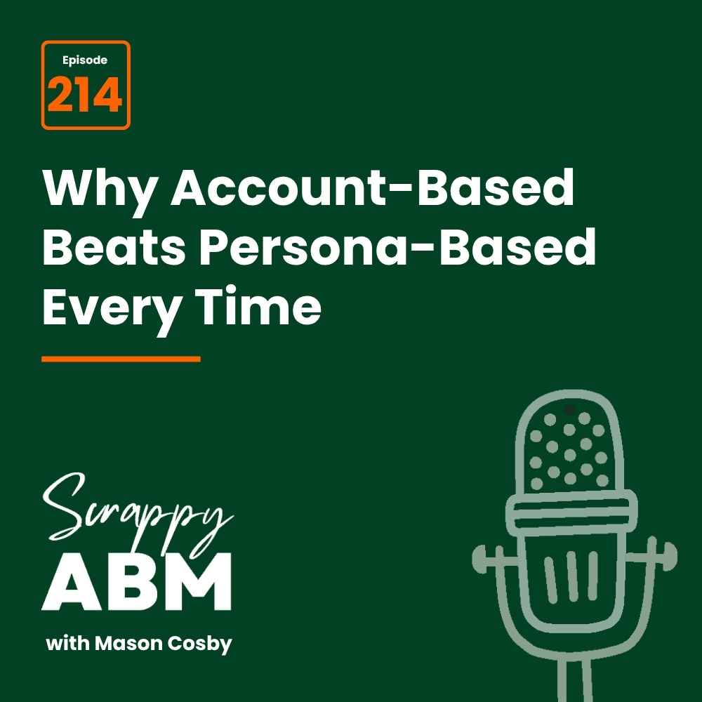 Green podcast cover reading: Episode 214. Why Account-Based Beats Persona-Based Every Time. Scrappy ABM with Mason Cosby, with a microphone illustration.