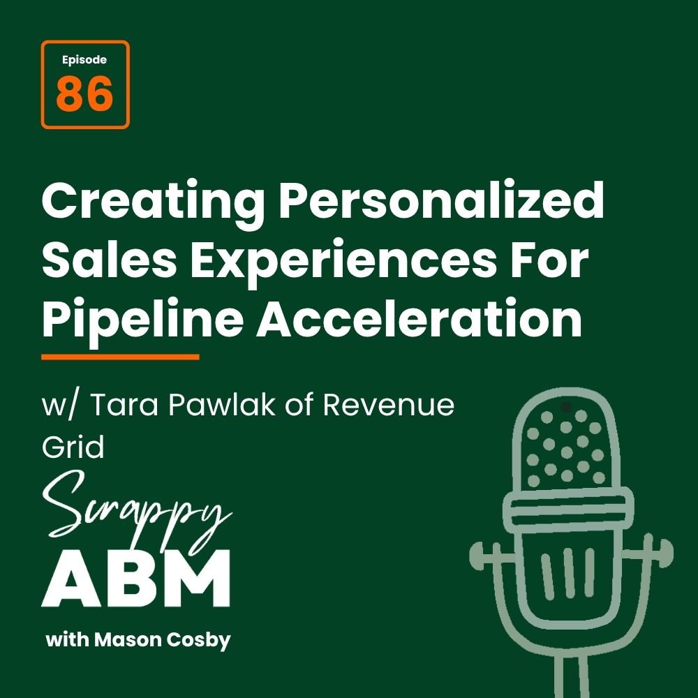 Episode 2 - The Art of the Scrappy ABM - How to Achieve Big Results Without Big Ad Spend Podcast episode 86 cover: Creating Personalized Sales Experiences for Pipeline Acceleration with Tara Pawlak of Revenue Grid. Green background, microphone icon, and Scrappy ABM with Mason Cosby..