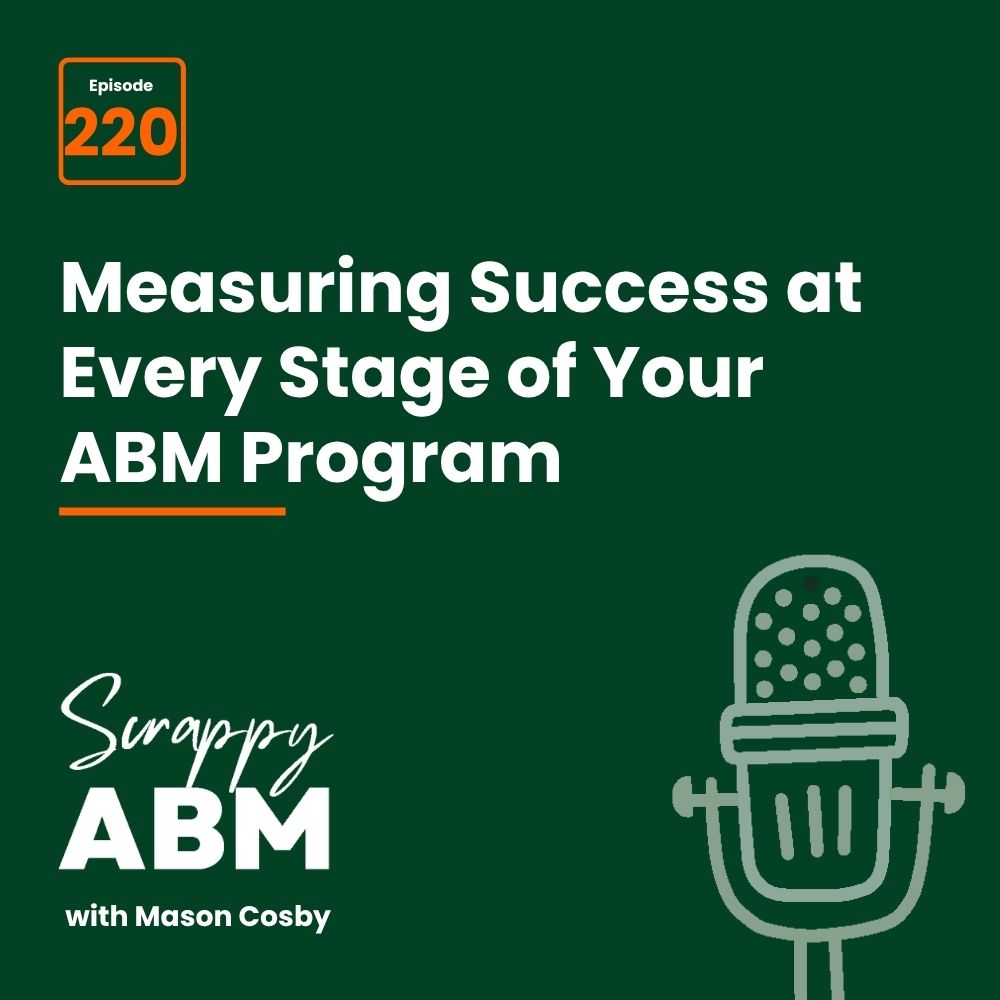 Travis Hall Podcast cover for Scrappy ABM with Mason Cosby, episode 220, titled Measuring Success at Every Stage of Your ABM Program, featuring a stylized microphone on a dark green background.