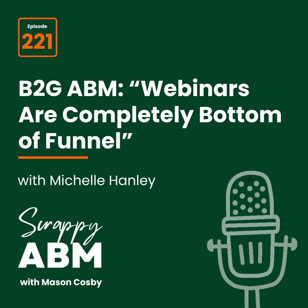Travis Hall Podcast cover for Scrappy ABM with Mason Cosby, episode 221, featuring Michelle Hanley discussing B2G ABM and webinars. Illustration of a microphone on a green background.