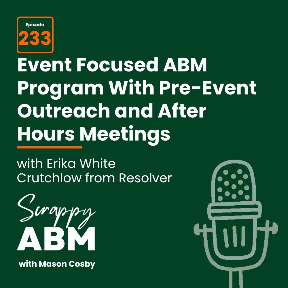 Travis Hall Podcast episode graphic for Scrappy ABM with Mason Cosby, episode 233, featuring Erika White Crutchlow from Resolver, discussing event-focused ABM programs, pre-event outreach, and after-hours meetings.