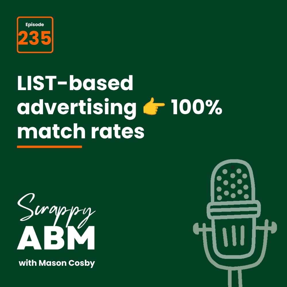 Travis Hall Podcast graphic for Scrappy ABM with Mason Cosby, episode 235, featuring the topic LIST-based advertising 👉 100% match rates. Includes a stylized microphone illustration on a dark green background.