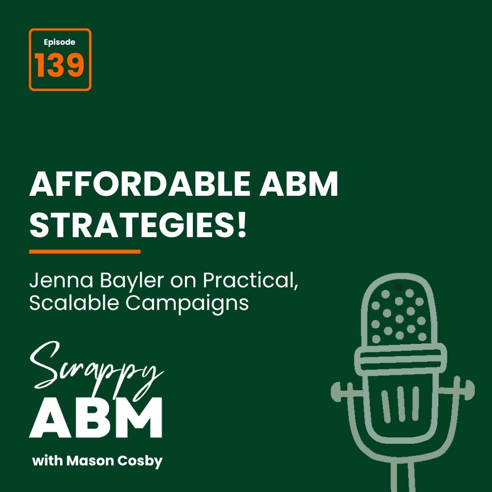 Episode 2 - The Art of the Scrappy ABM - How to Achieve Big Results Without Big Ad Spend Podcast episode graphic for Scrappy ABM with Mason Cosby, episode 139, featuring Affordable ABM Strategies! with Jenna Bayler on practical, scalable campaigns. A simple microphone icon is on the right side.