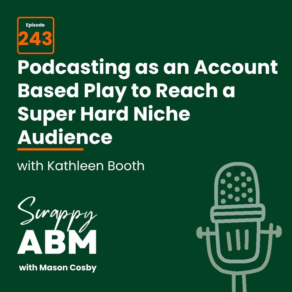 Podcast episode 243 cover: Podcasting as an Account Based Play to Reach a Super Hard Niche Audience with Kathleen Booth. Shows microphone graphic and Scrappy ABM with Mason Cosby branding on a dark green background.