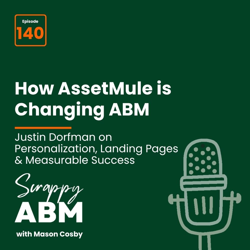 Podcast episode cover: How AssetMule is Changing ABM, featuring Justin Dorfman. Episode 140. Topics: personalization, landing pages, measurable success. Podcast: Scrappy ABM with Mason Cosby. Microphone graphic on green background.