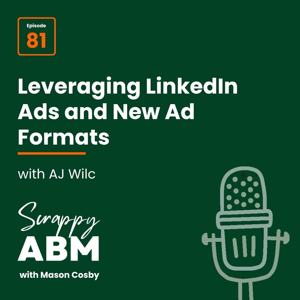 Podcast graphic with text: Episode 81. Leveraging LinkedIn Ads and New Ad Formats with AJ Wilc. Scrappy ABM with Mason Cosby. Green background with an illustrated microphone.
