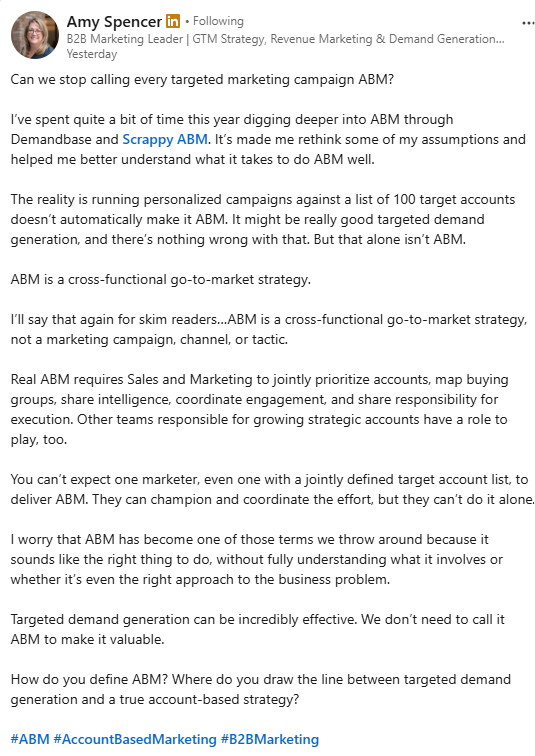 A LinkedIn post by Amy Spencer arguing that account-based marketing (ABM) is a cross-functional business strategy rather than just a targeted marketing campaign.